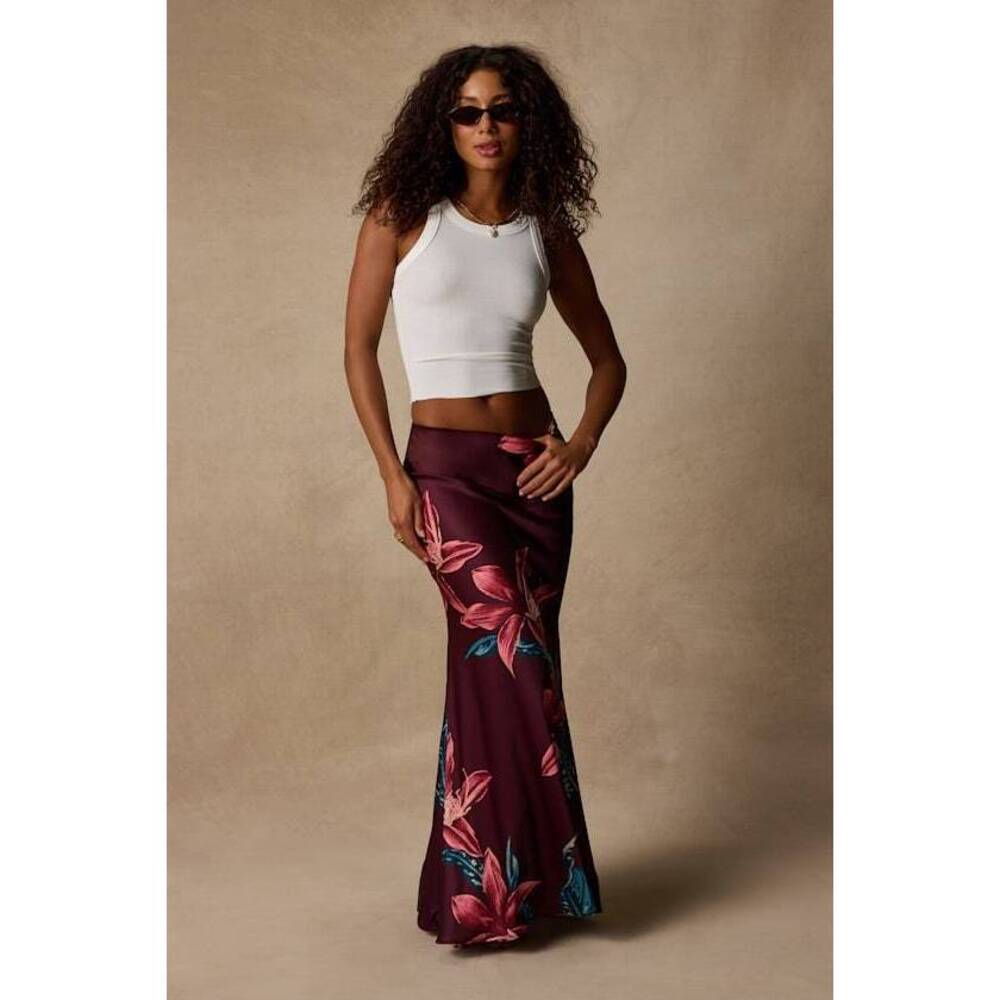 Lulus Belita Burgundy Multi Floral Satin Maxi Skirt Red - Size XS